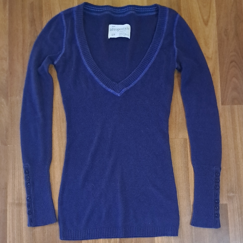 Aeropostale Women's Navy V-Neck Long Sleeve Top